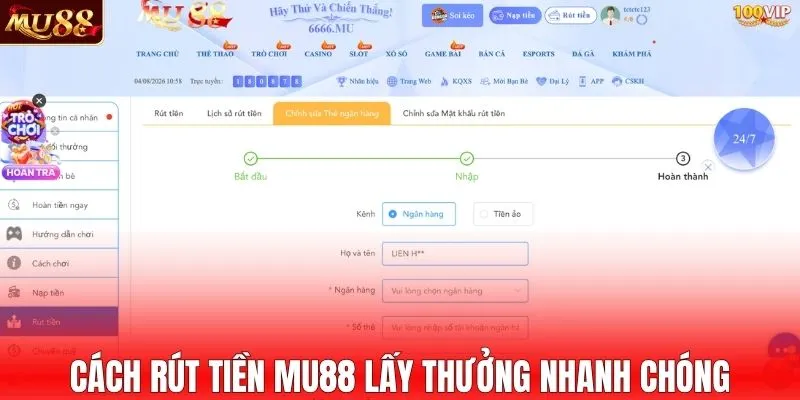 Cách rút tiền MU88 lấy thưởng nhanh chóng